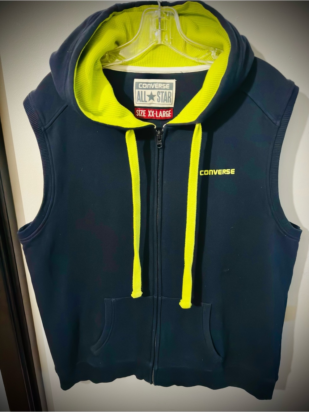 Converse Navy Sleeveless Zip Hoodie with Neon Yellow Accents
